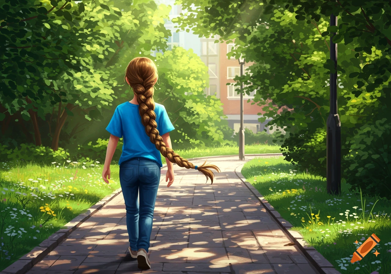 An illustrated girl with a long braid, blue shirt, and jeans walks away on a park path, surrounded by trees and sunlight.