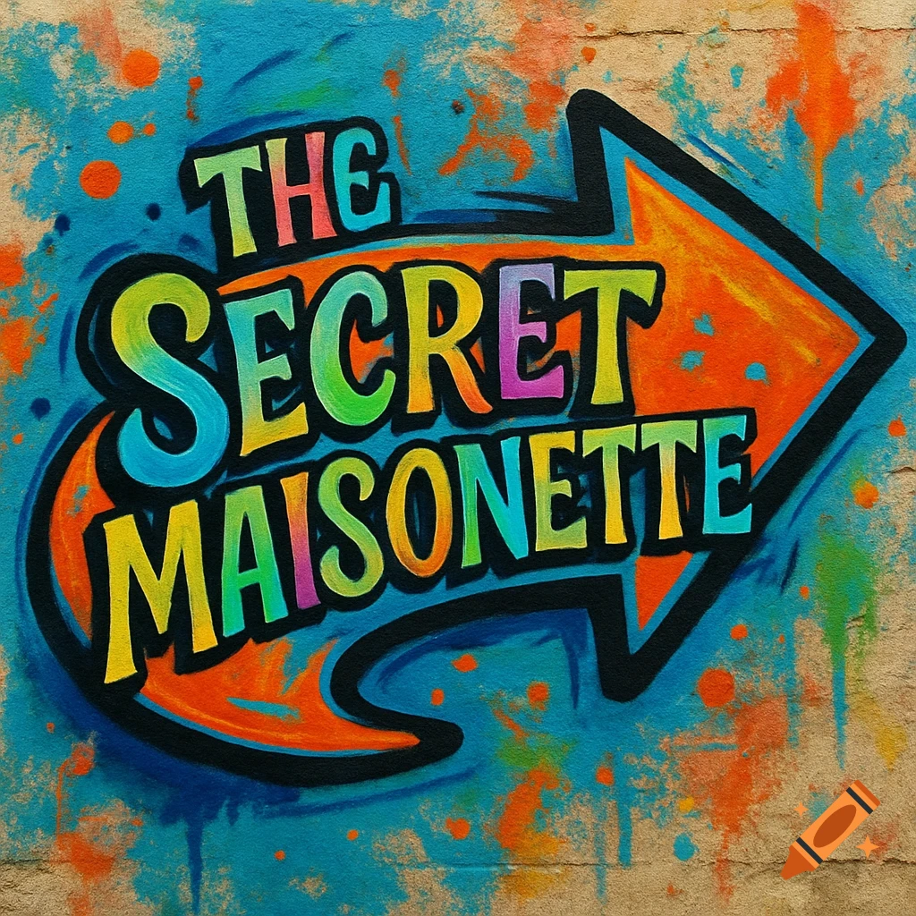 Colorful graffiti art on a wall with 'The Secret Maisonette' written in bubble letters and an arrow pointing right.