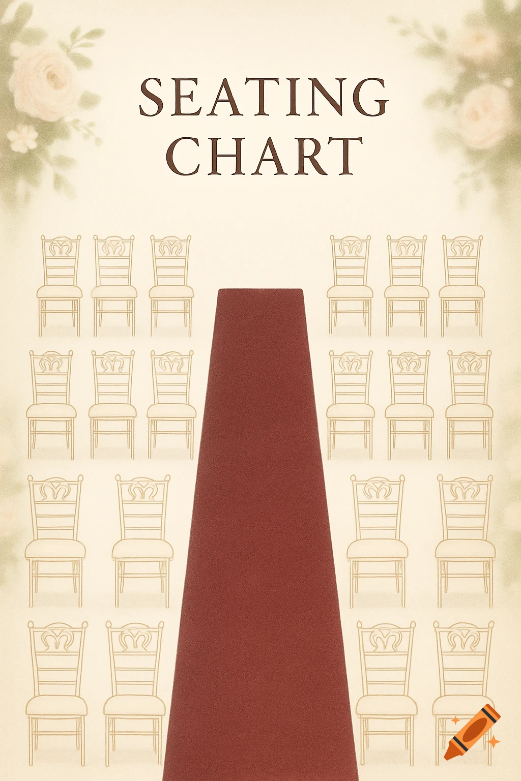 An illustration of a wedding seating chart with a red aisle and rows of empty, elegant outline chairs.