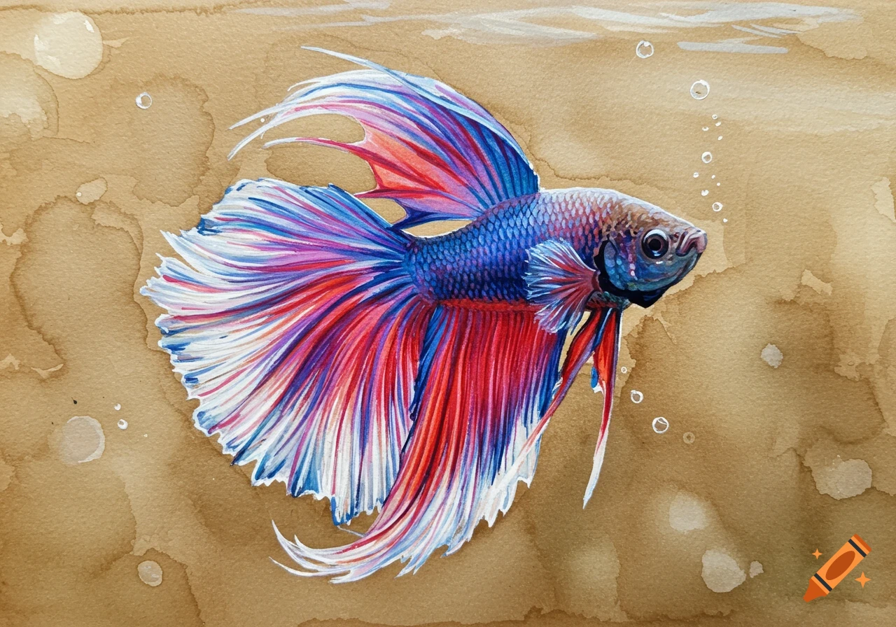 A vibrant gouache painting of a colorful blue, red, and white Betta fish with flowing fins, against a brown background.