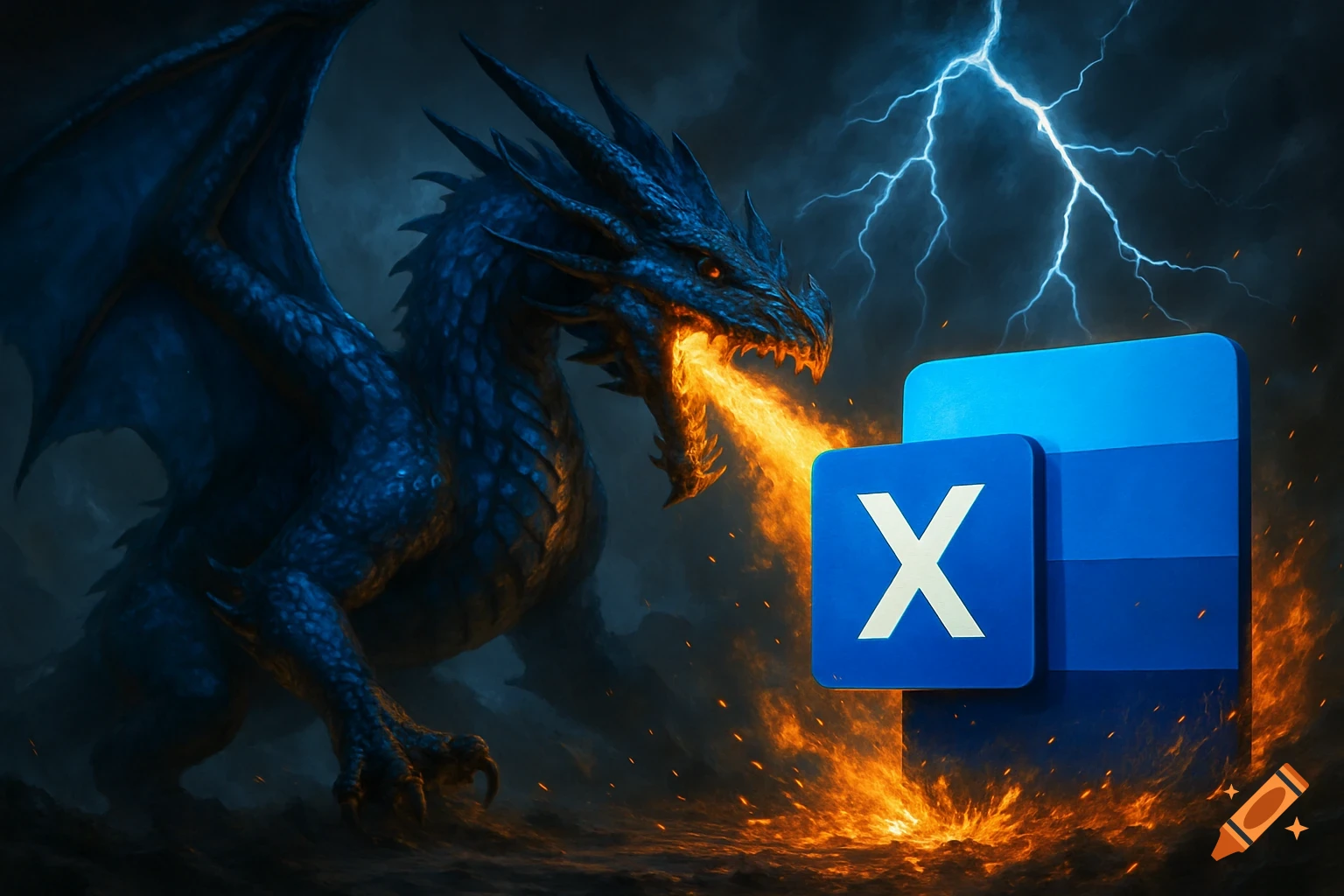 A blue dragon breathes fire at a blue Microsoft Excel logo with a white 'X' on it, under a stormy sky with lightning.