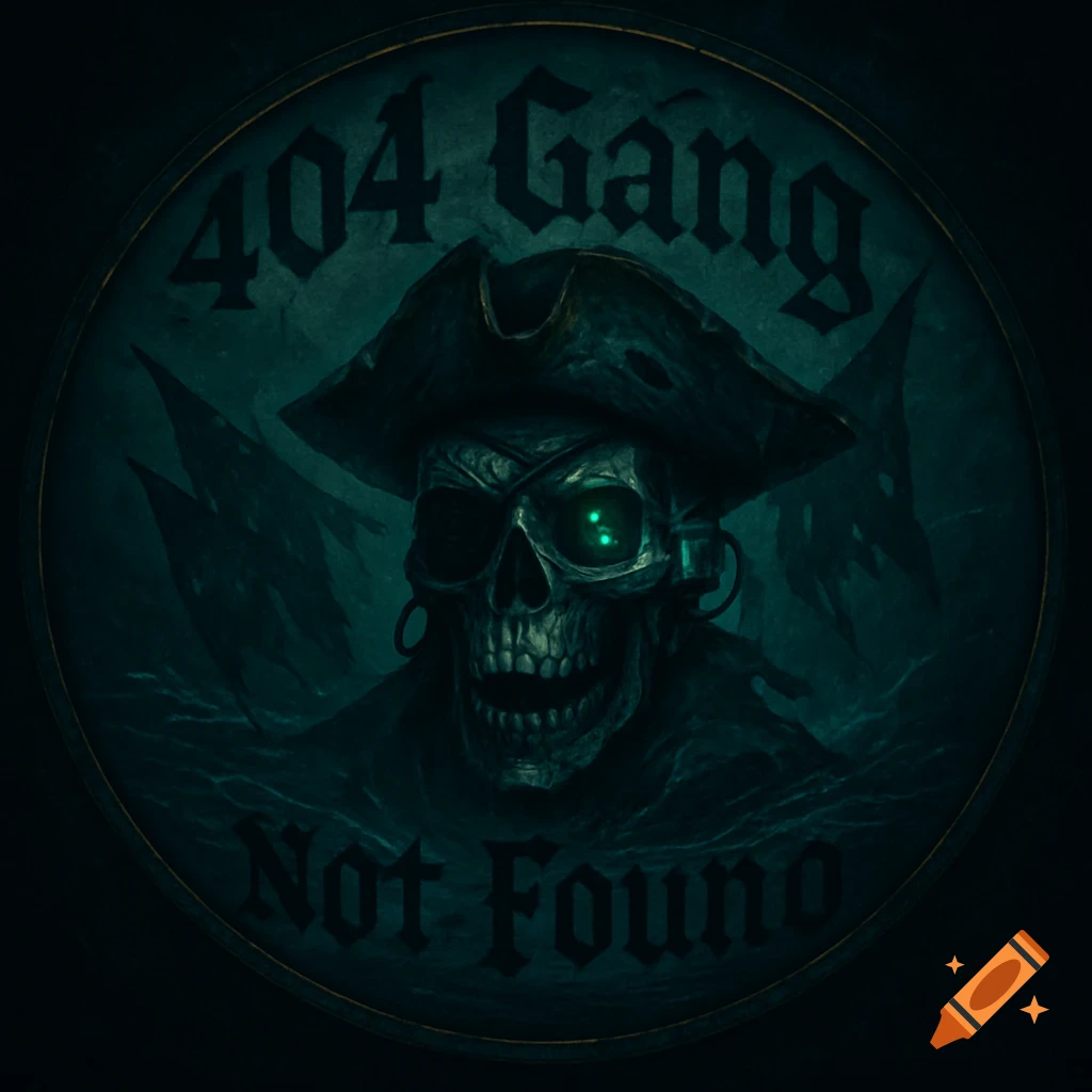 Stylized dark pirate skull logo with glowing green eye, tricorn hat, and eyepatch, with '404 Gang Not Found' text.