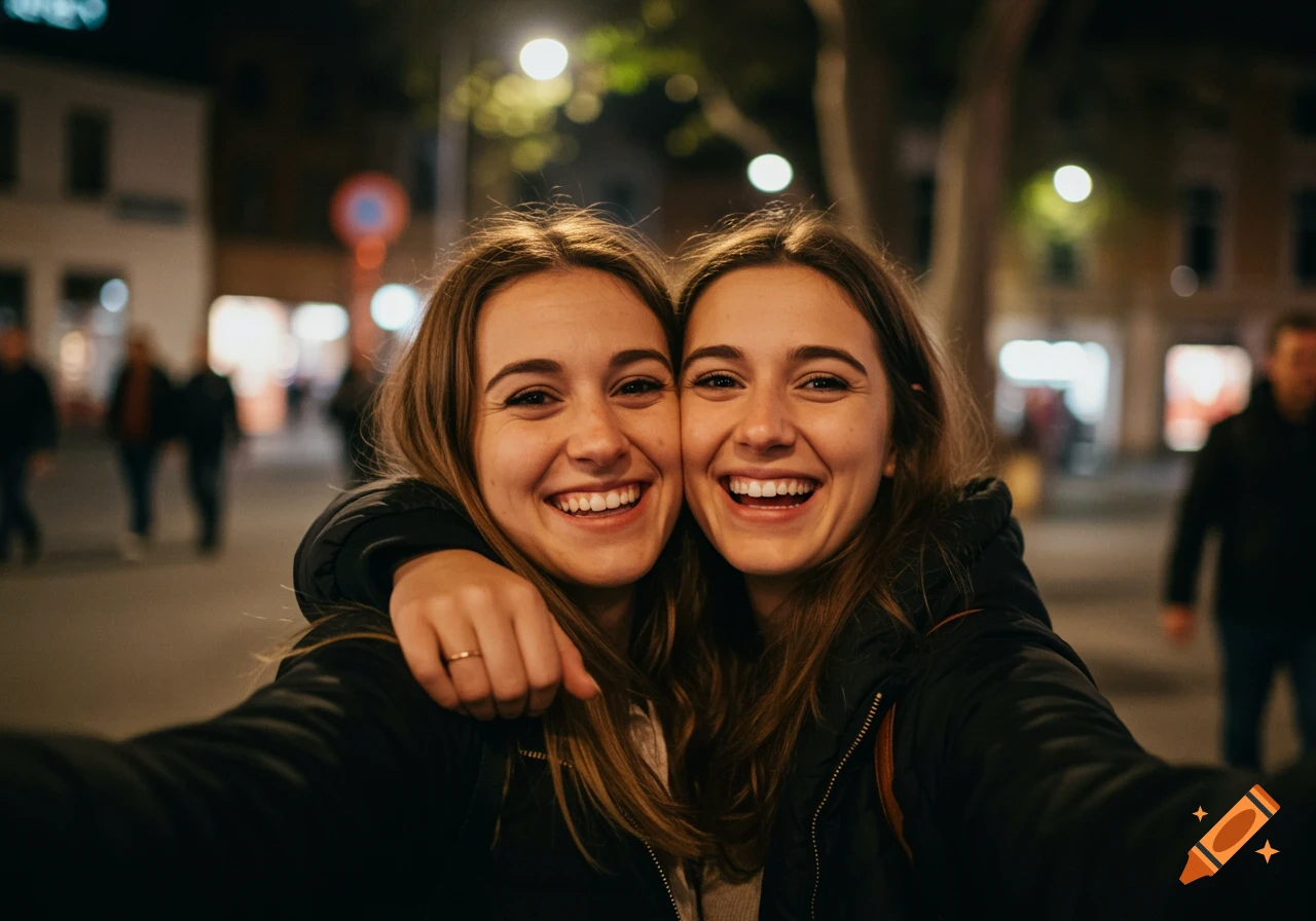 Two smiling young women embrace while taking a selfie on a blurry city street at night.