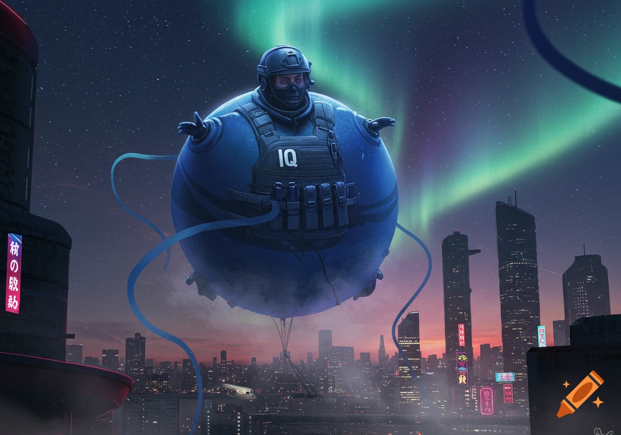 The character IQ from Rainbow Six Siege, inflated into a giant blue balloon, floats over a futuristic cityscape at night under an aurora.