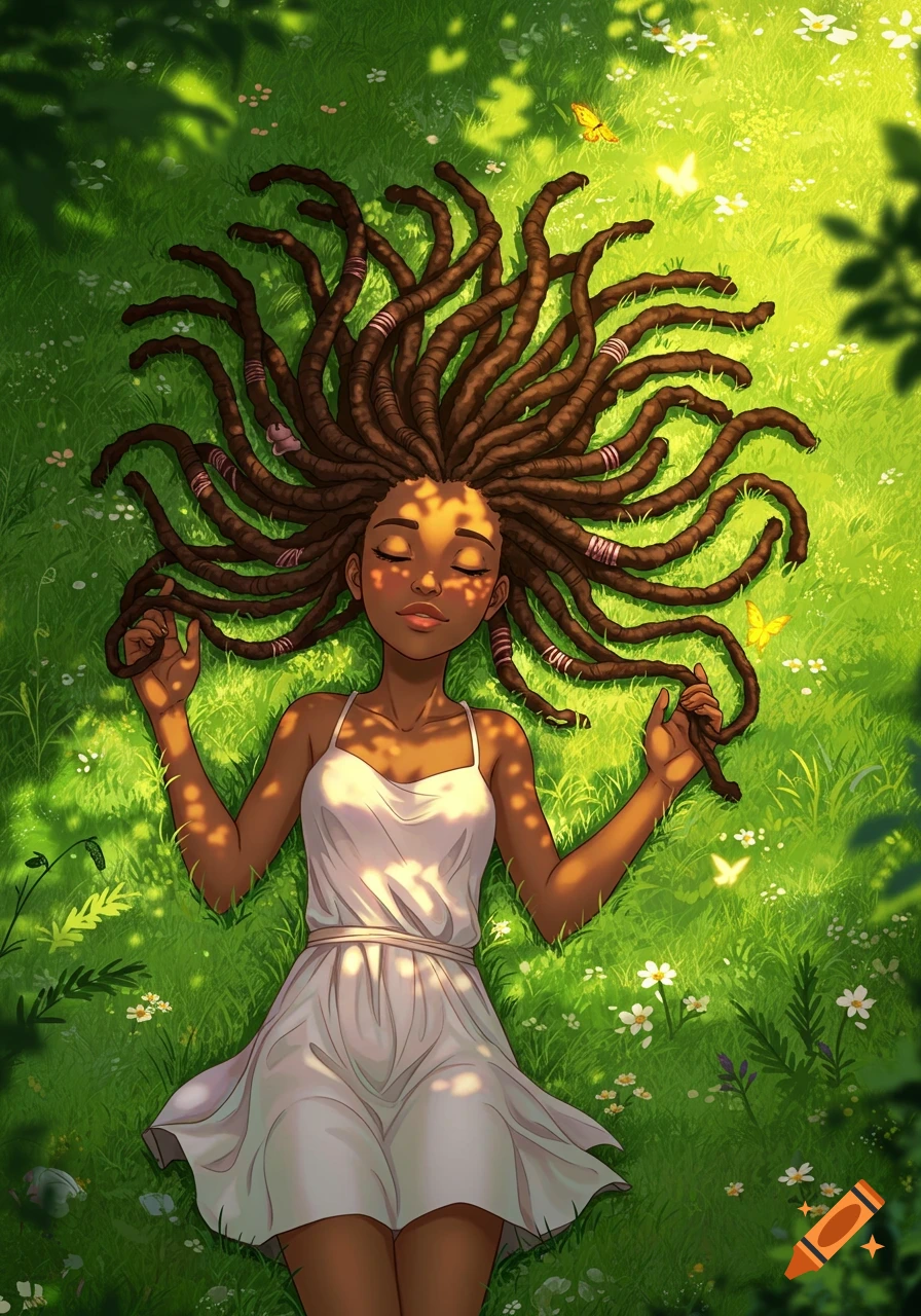 Anime-style dark-skinned girl with long dreadlocks lying in sunny green grass among butterflies and flowers.
