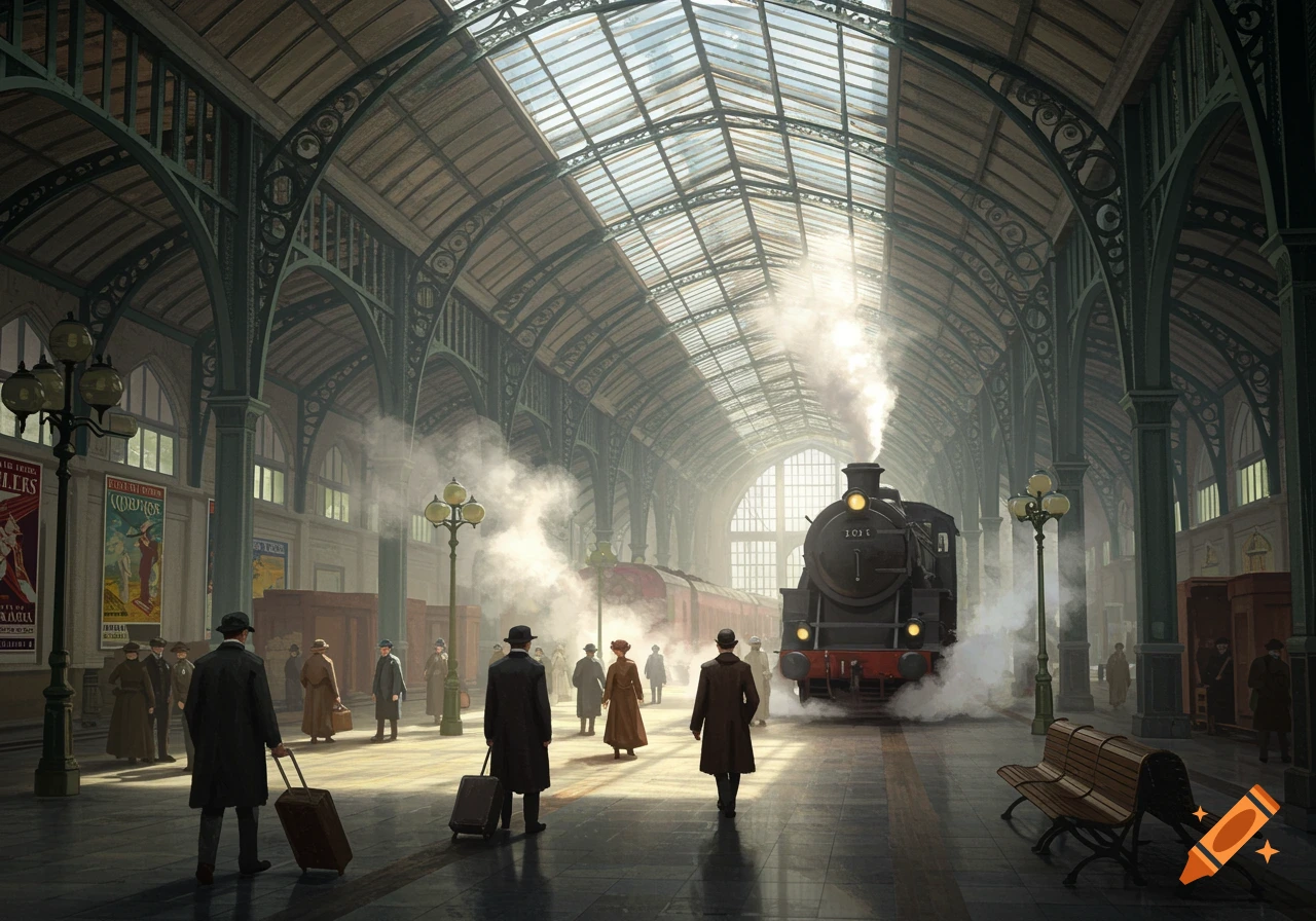 A grand, vintage-style train station with a steam locomotive emitting smoke on the tracks, and passengers with luggage on the platform under a high, arched glass roof.