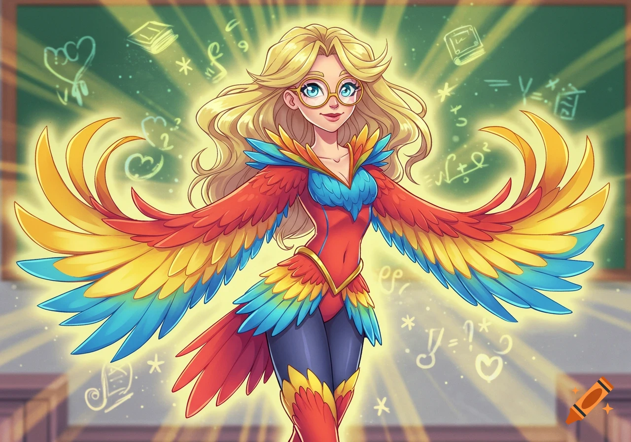 A cartoon female superhero with blond hair and glasses in a vibrant parrot-themed outfit stands before a glowing chalkboard with mathematical symbols.