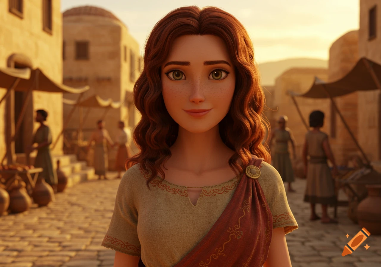A smiling animated young woman with long wavy reddish-brown hair and freckles stands in a sunlit ancient marketplace.