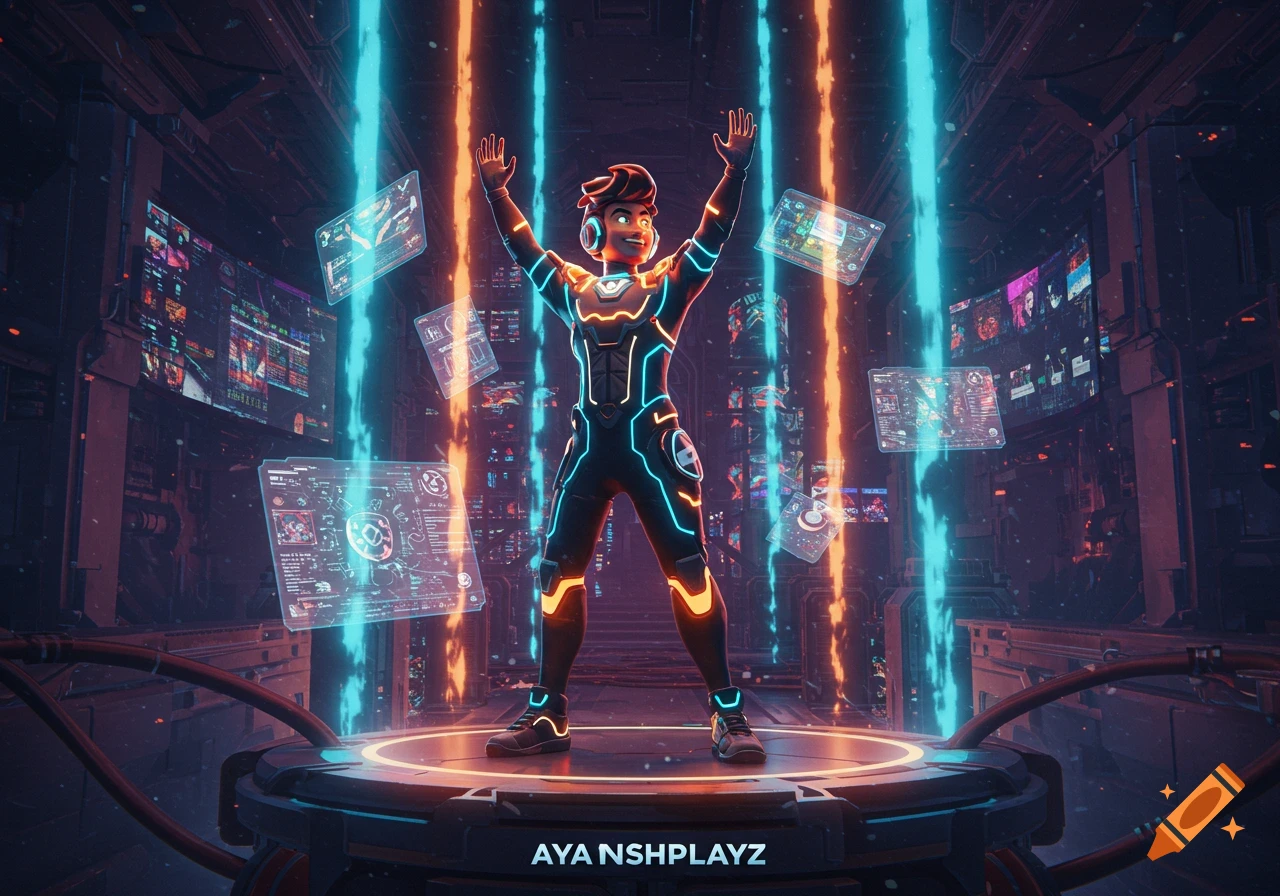 A stylized character with orange and blue glowing outlines stands on a futuristic platform with arms raised, surrounded by holographic screens in a sci-fi room. Text at the bottom reads "AYA NSHPLAYZ."