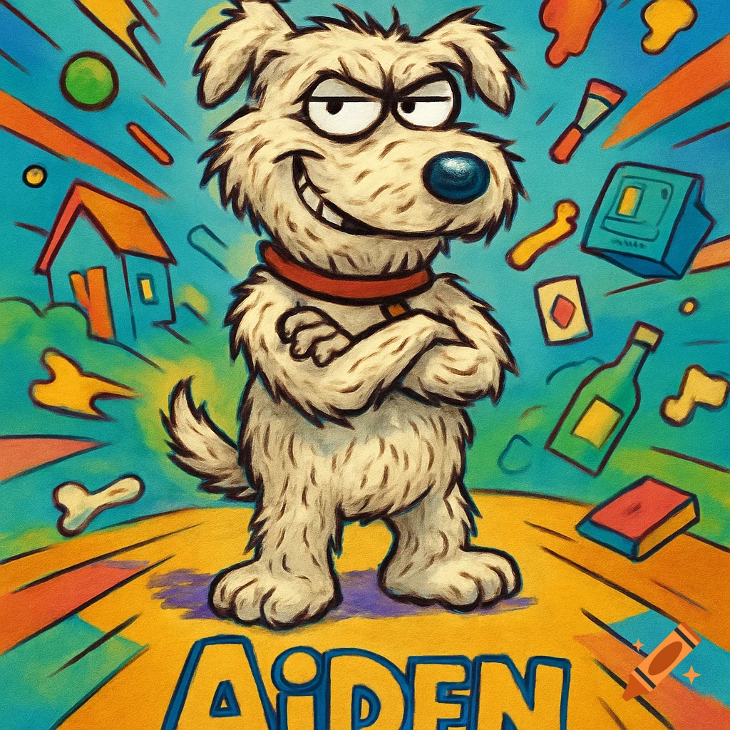 Cartoon dog with crossed arms and smug expression, with the name AIDEN below, surrounded by various objects.