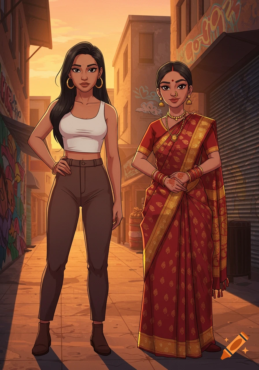 A cartoon of two women standing in a vibrant urban alleyway. One wears modern clothing, the other a traditional red and gold saree.
