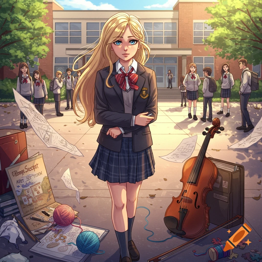 An anime-style blonde high school girl in a uniform stands outside a school, surrounded by her hobbies like a violin, yarn, and drawings.