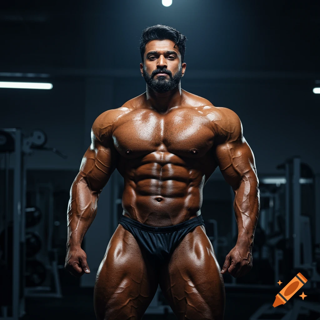 A muscular Indian bodybuilder with prominent veins and an eight-pack poses in a gym.
