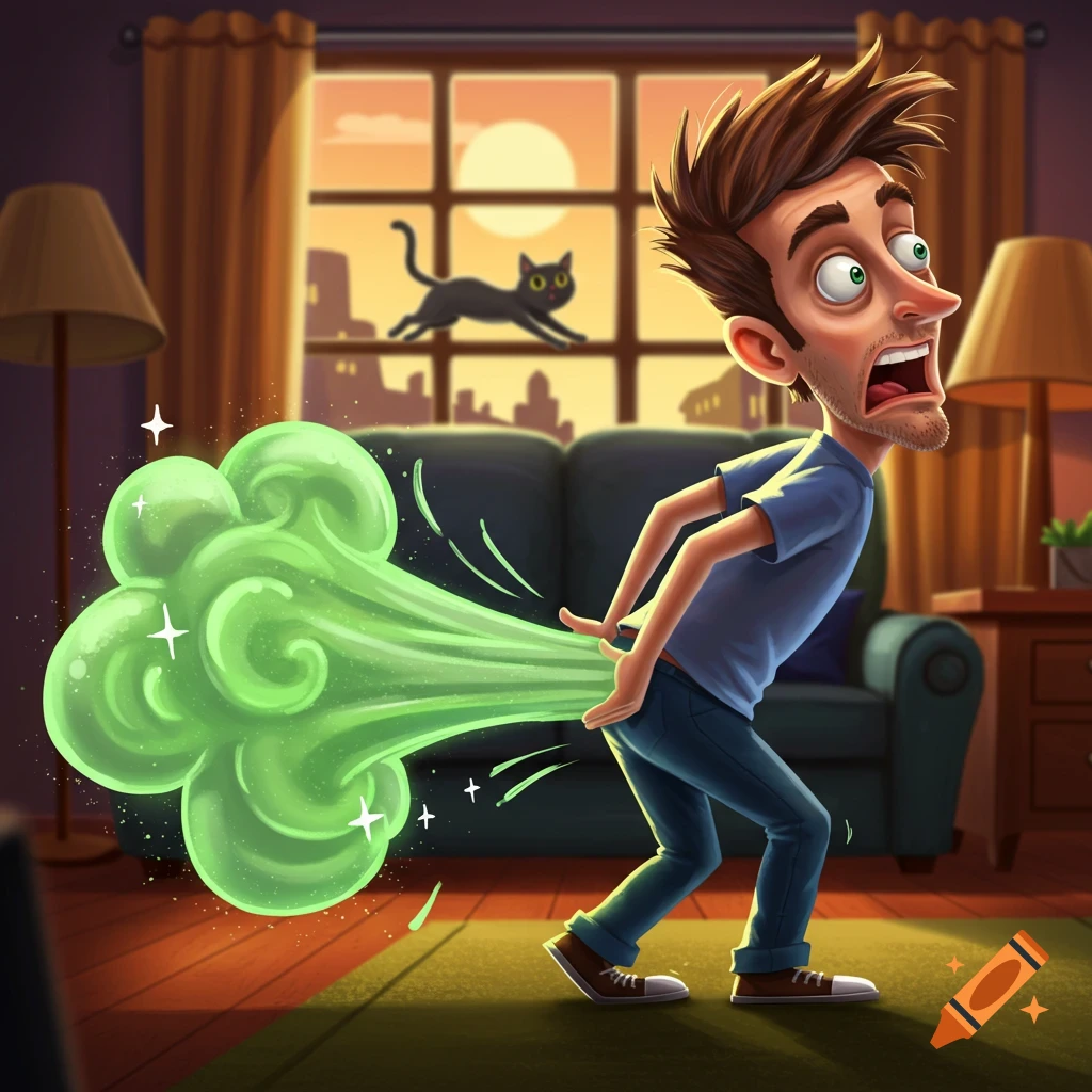 Cartoon illustration of a man letting out a large green fart, with a cat in the background.