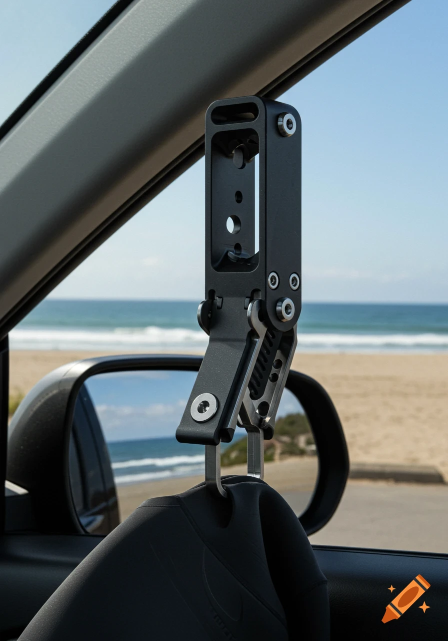 A black wetsuit hanger attached to a car's window frame, holding a black wetsuit, with a beach and ocean visible outside the car window.