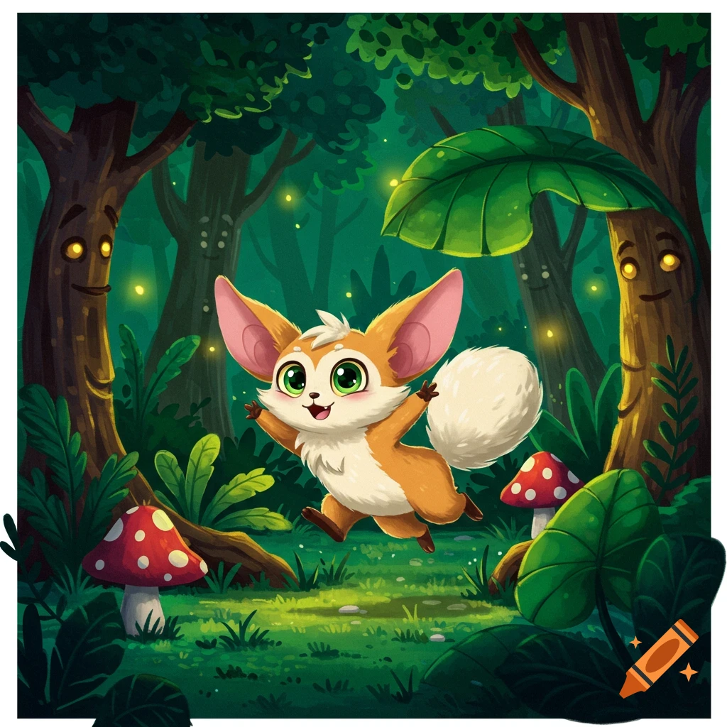 A cute, fluffy fox-like creature with large ears leaps through a whimsical forest with smiling trees and glowing fireflies.
