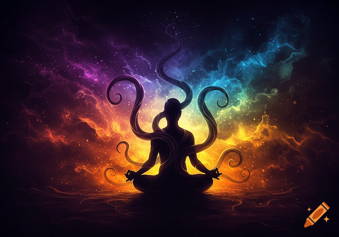 Silhouette of person meditating amidst vibrant cosmic smoke and tentacle-like forms.