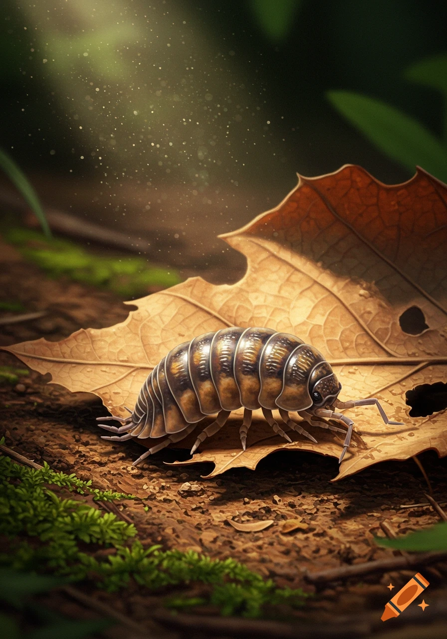 A photorealistic close-up of a pill bug on a decaying brown leaf on the forest floor, with light rays and dust particles in the background.