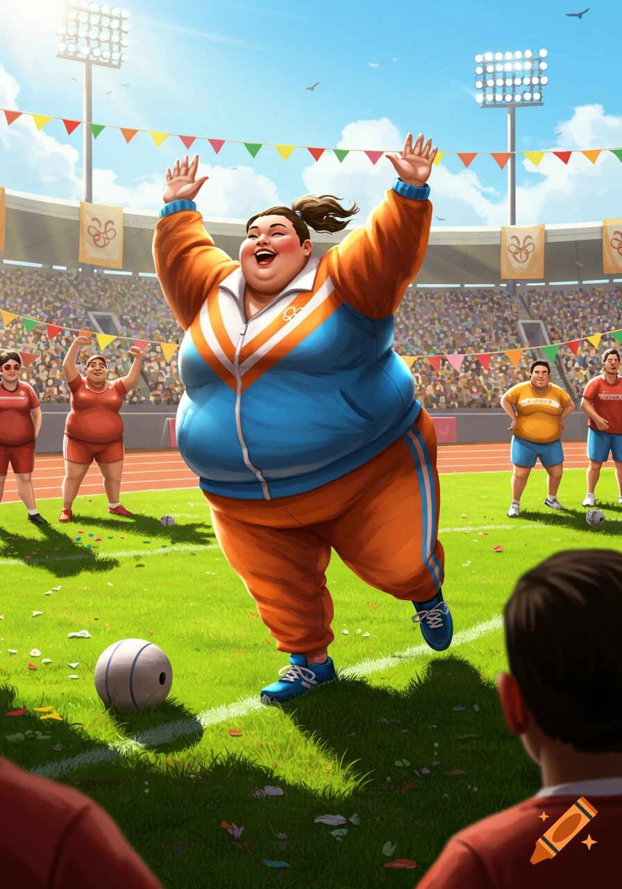 An obese person in an orange and blue tracksuit joyfully runs on a grass sports field in a stadium during an event, surrounded by other participants and spectators.