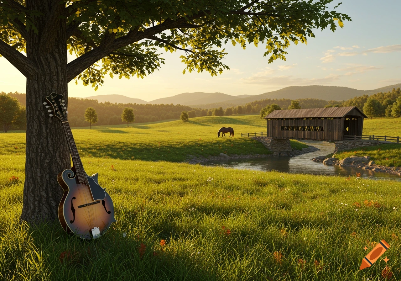Photorealistic landscape with a mandolin leaning against a tree, a horse grazing in a meadow, and a covered bridge over a river under a sunset sky.