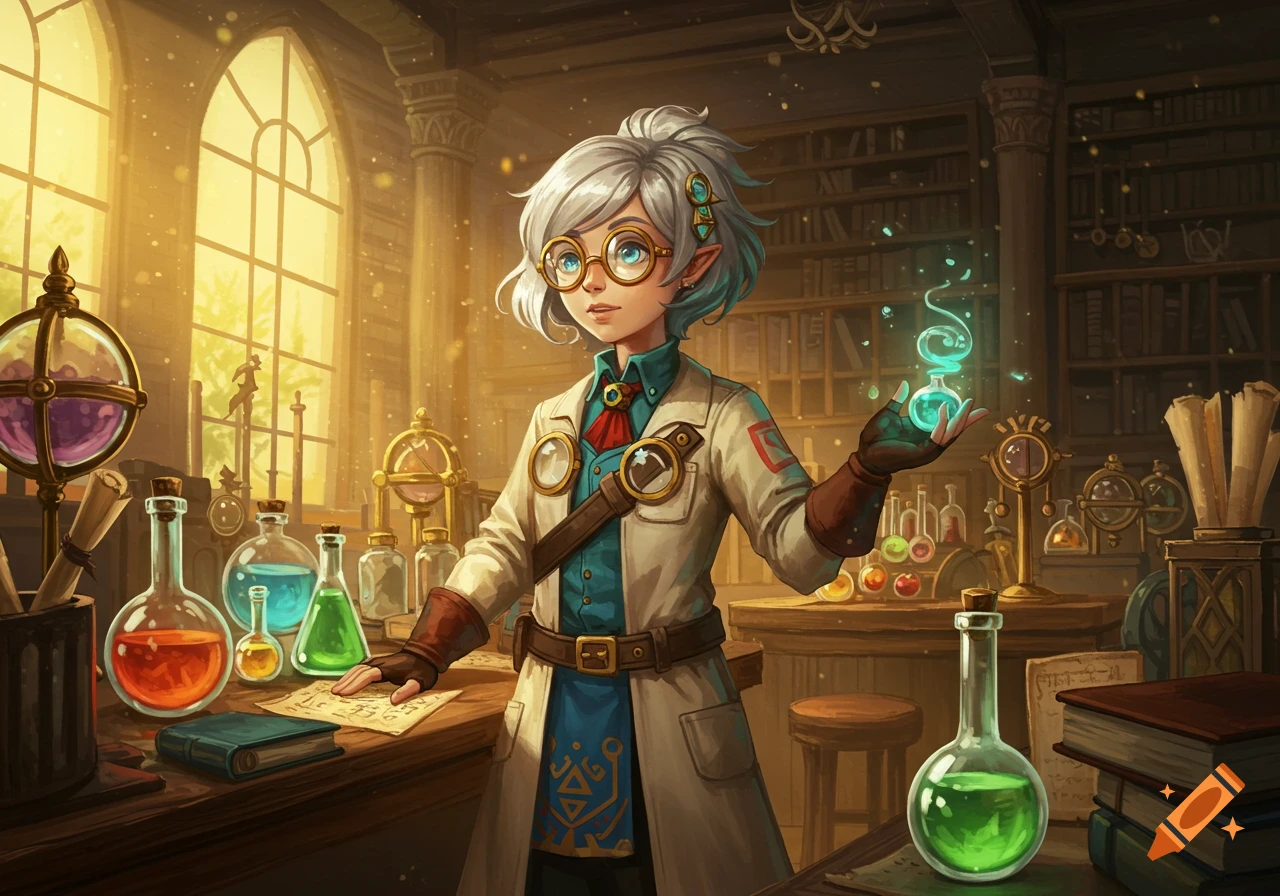 An anime-style alchemist with white hair and glasses holds a glowing blue potion in a magical laboratory.