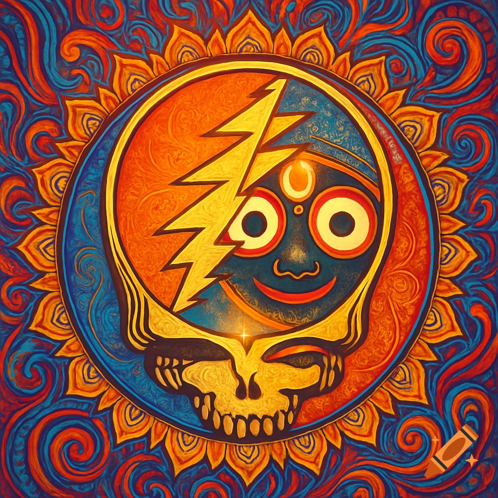 Vibrant psychedelic illustration combining the Grateful Dead Steal Your Face skull with a stylized Jagannath figure.