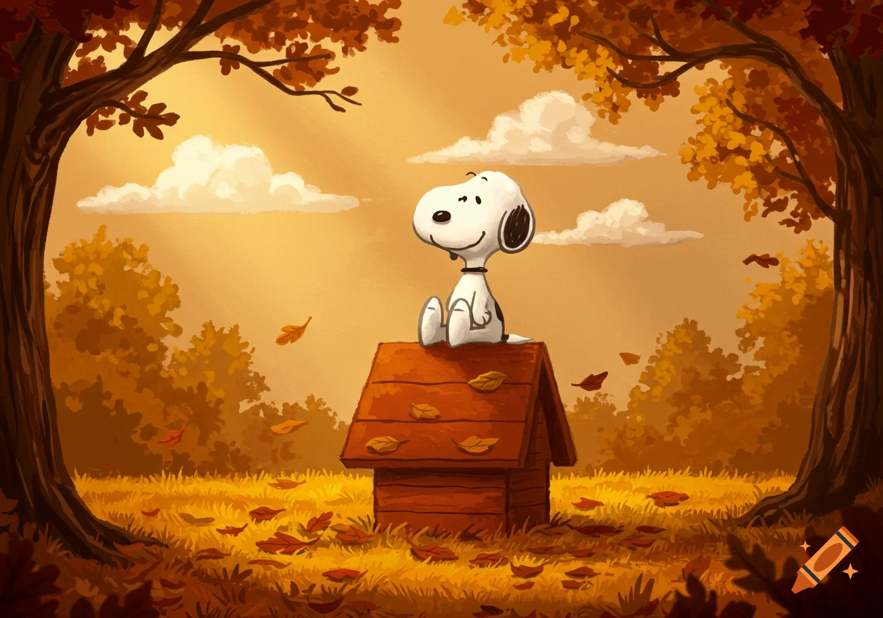 Snoopy sits atop his doghouse amidst falling autumn leaves and trees in a warm, illustrative style.