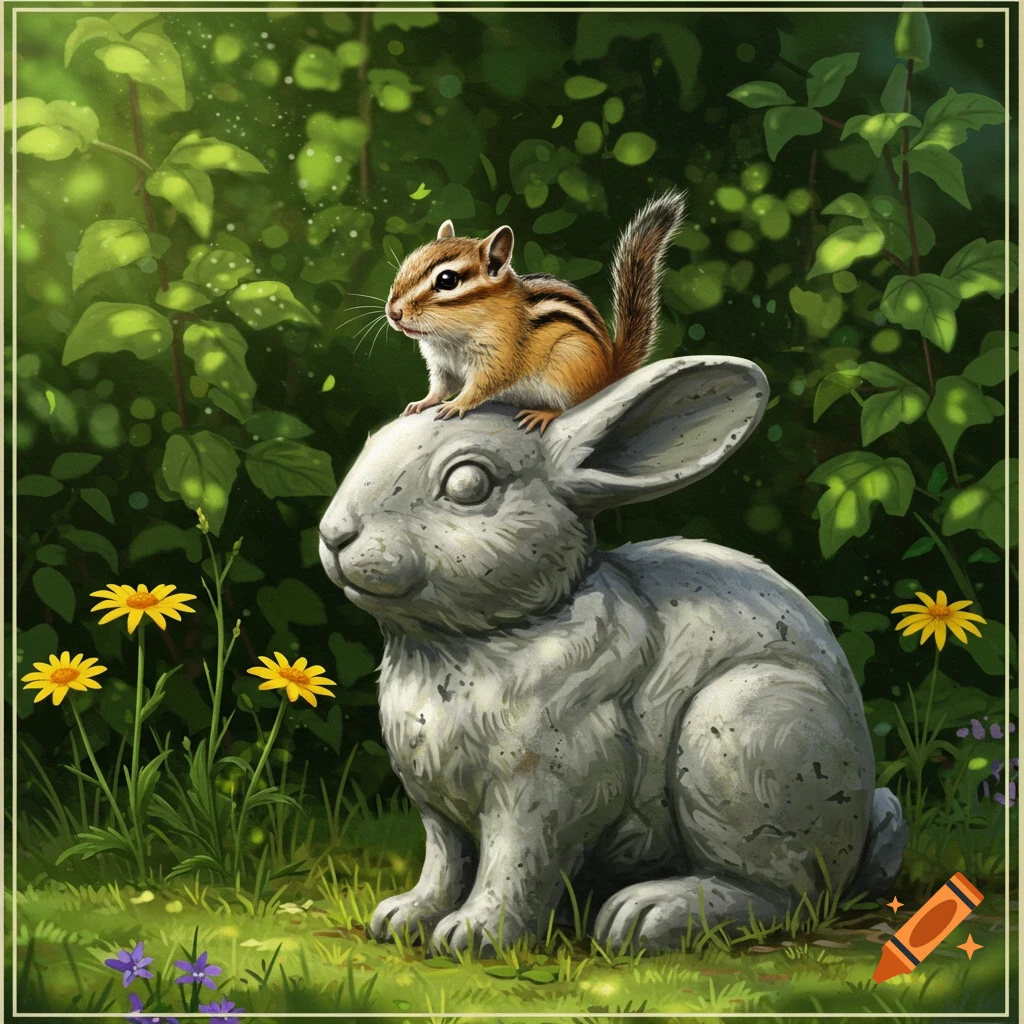 A small chipmunk sits atop a gray concrete bunny statue in a vibrant green garden with yellow and purple flowers.