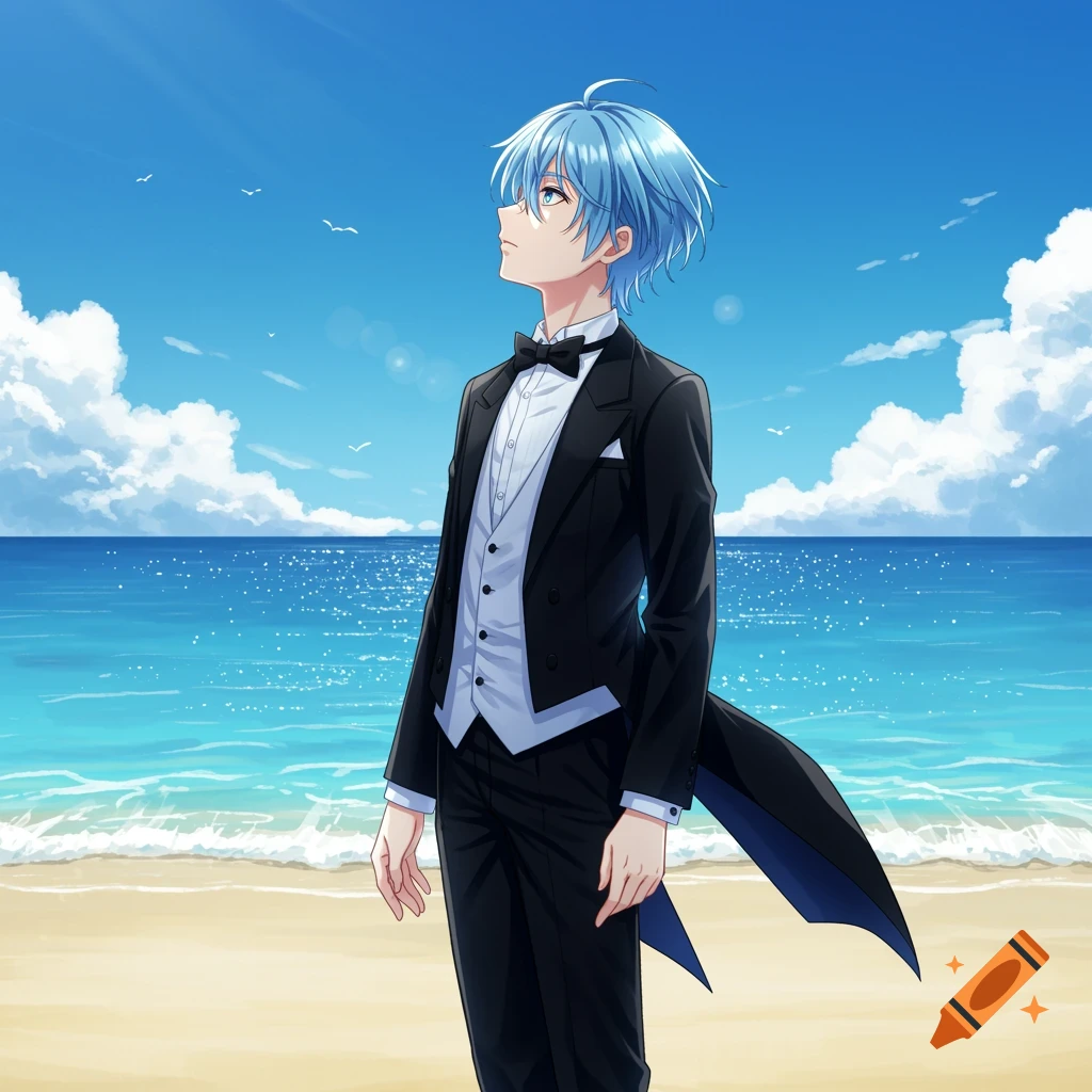 An anime character with light blue hair in a black tuxedo stands on a beach, looking up at the sky and sea.