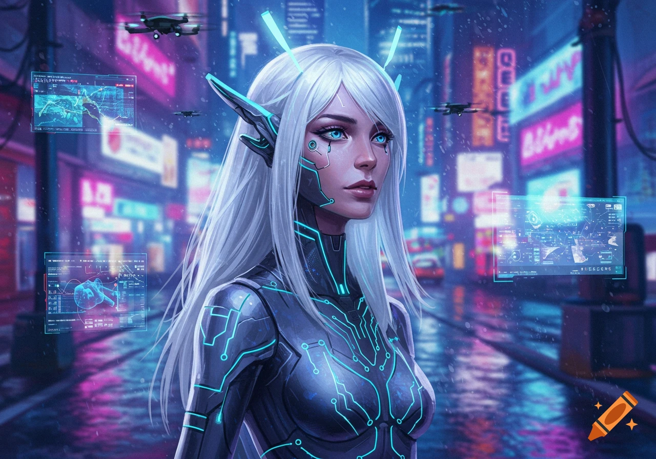 A futuristic woman with white hair and glowing blue implants stands in a neon-lit cyberpunk city with floating holographic screens and drones.