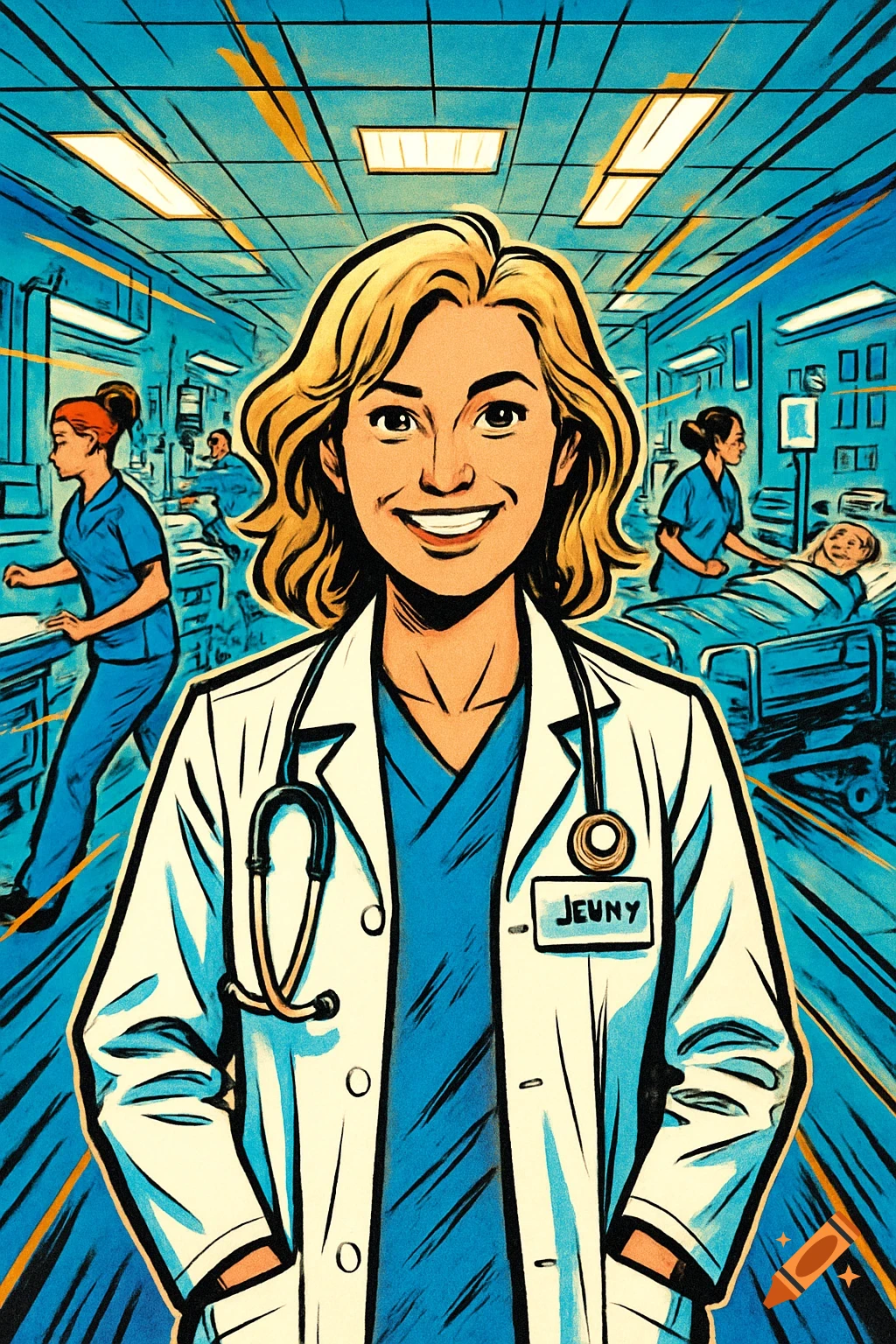 Comic style illustration of a smiling female doctor with a stethoscope in a busy hospital ward.
