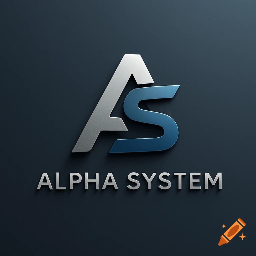 A modern metallic logo for 'Alpha System' with a stylized 'AS' symbol in silver and blue.