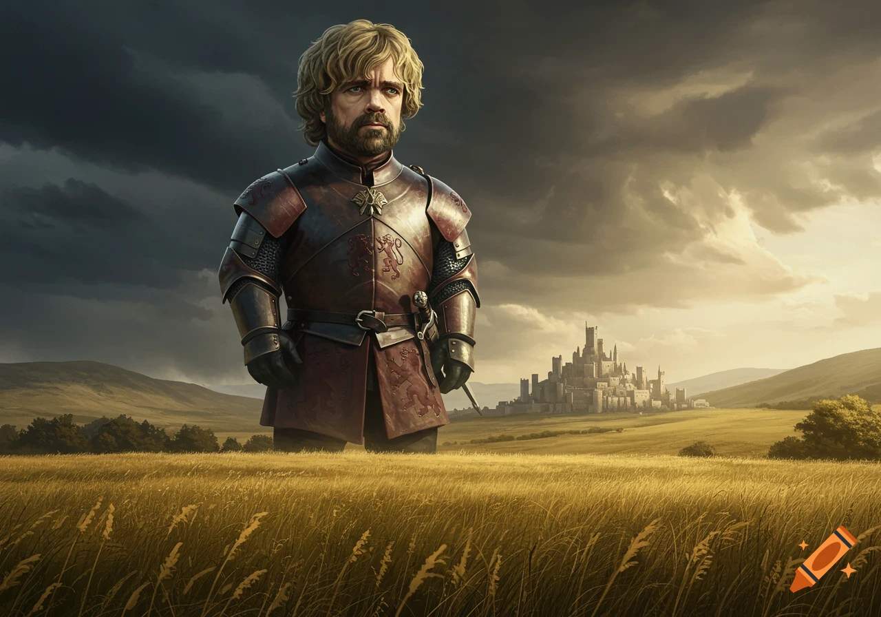 Tyrion Lannister in armor stands as a giant in a golden field with a castle under a stormy sky in the background.