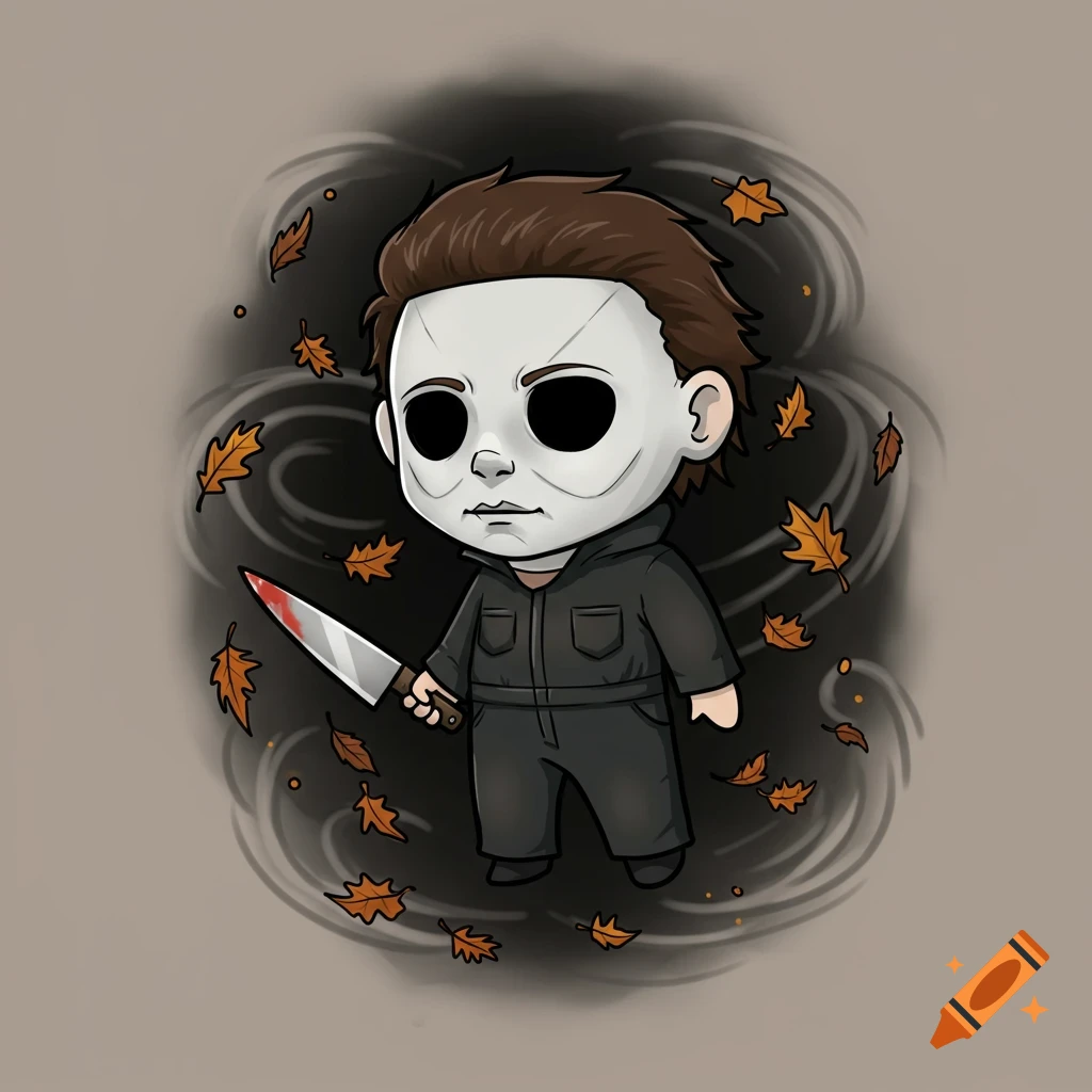 Chibi-style Michael Myers from Halloween, holding a bloody knife, surrounded by swirling dark mist and falling autumn leaves.