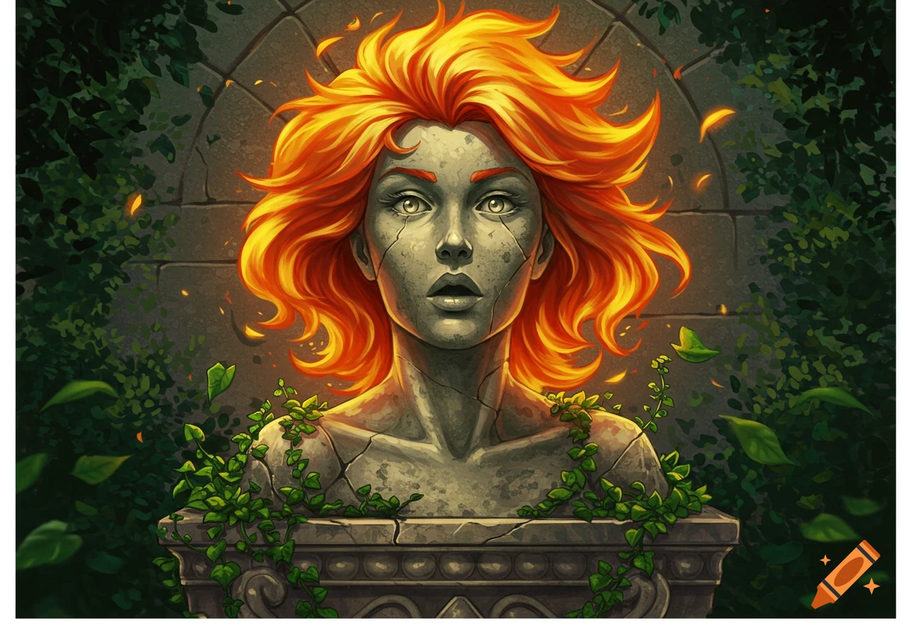 A stone statue bust of a woman with bright orange, fiery hair and glowing eyes, surrounded by green vines and leaves.