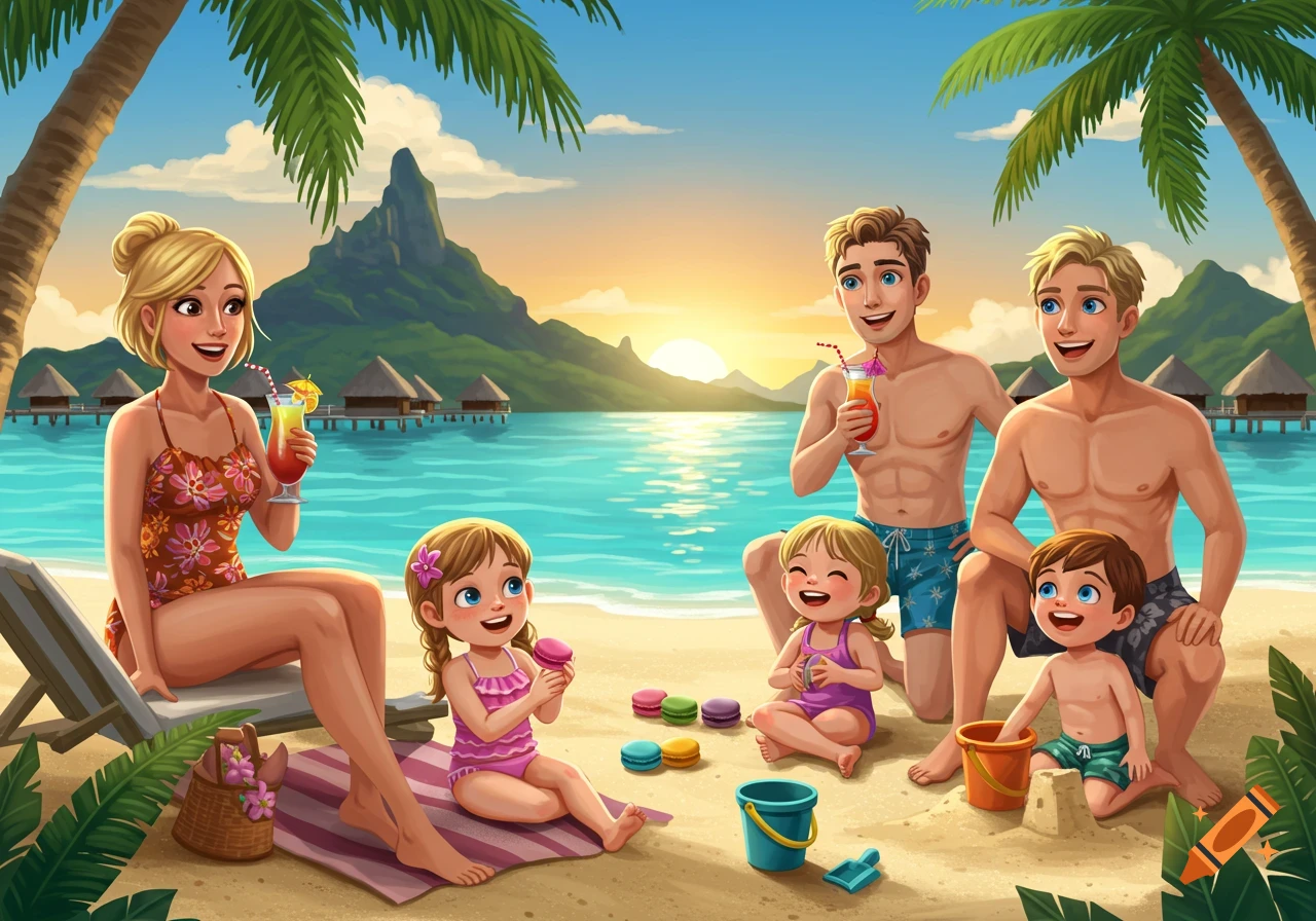 A cartoon family enjoys a tropical beach vacation at sunset, with palm trees, overwater bungalows, and turquoise water in the background. Adults sip drinks while children play with macarons and sand toys.