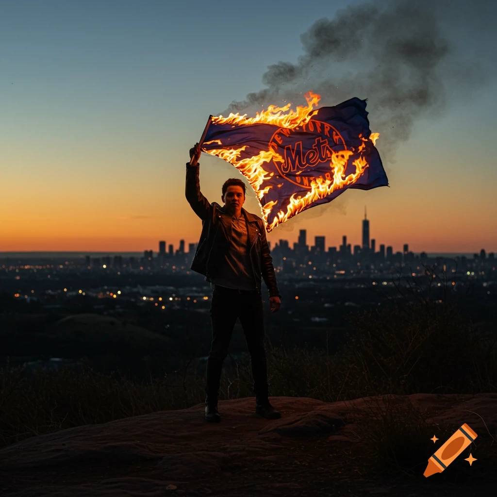 A person holding a burning Mets flag on a hill overlooking a city skyline at sunset.