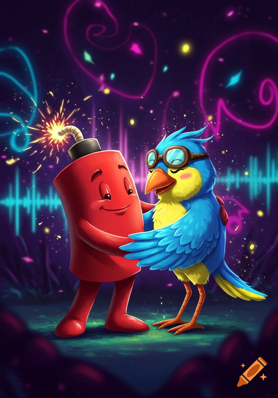 Cartoon red dynamite character with lit fuse hugging a blue bird with goggles amidst vibrant neon lights.