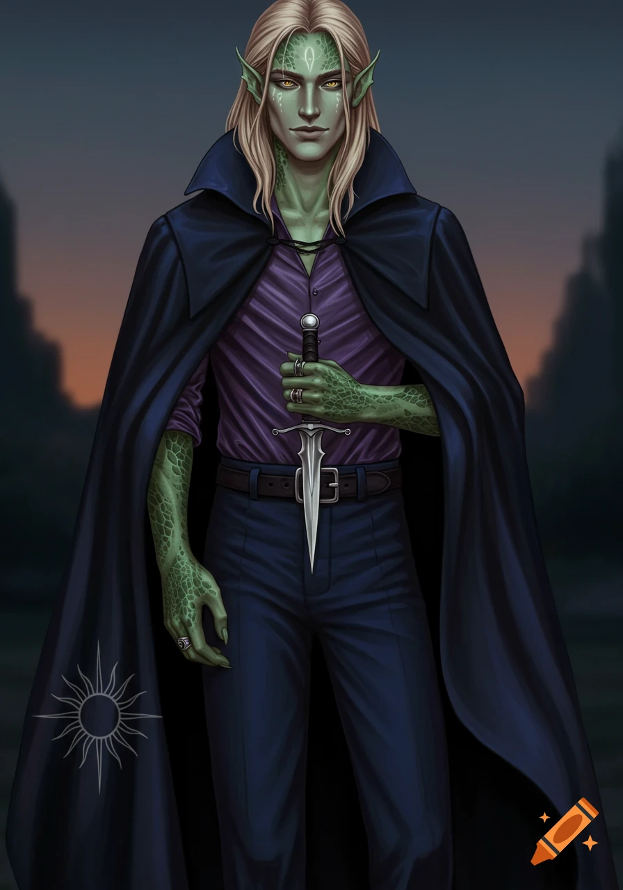 A tall, handsome man with green scales on his face and arms, blonde hair, wearing a dark cloak, purple shirt, and dark blue pants, holding a dagger. A white sun symbol is on his cloak.