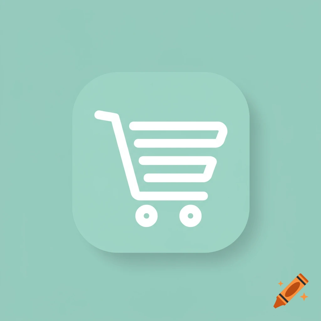 A white outline of a shopping cart icon on a soft green rounded square background, in a minimalist style.