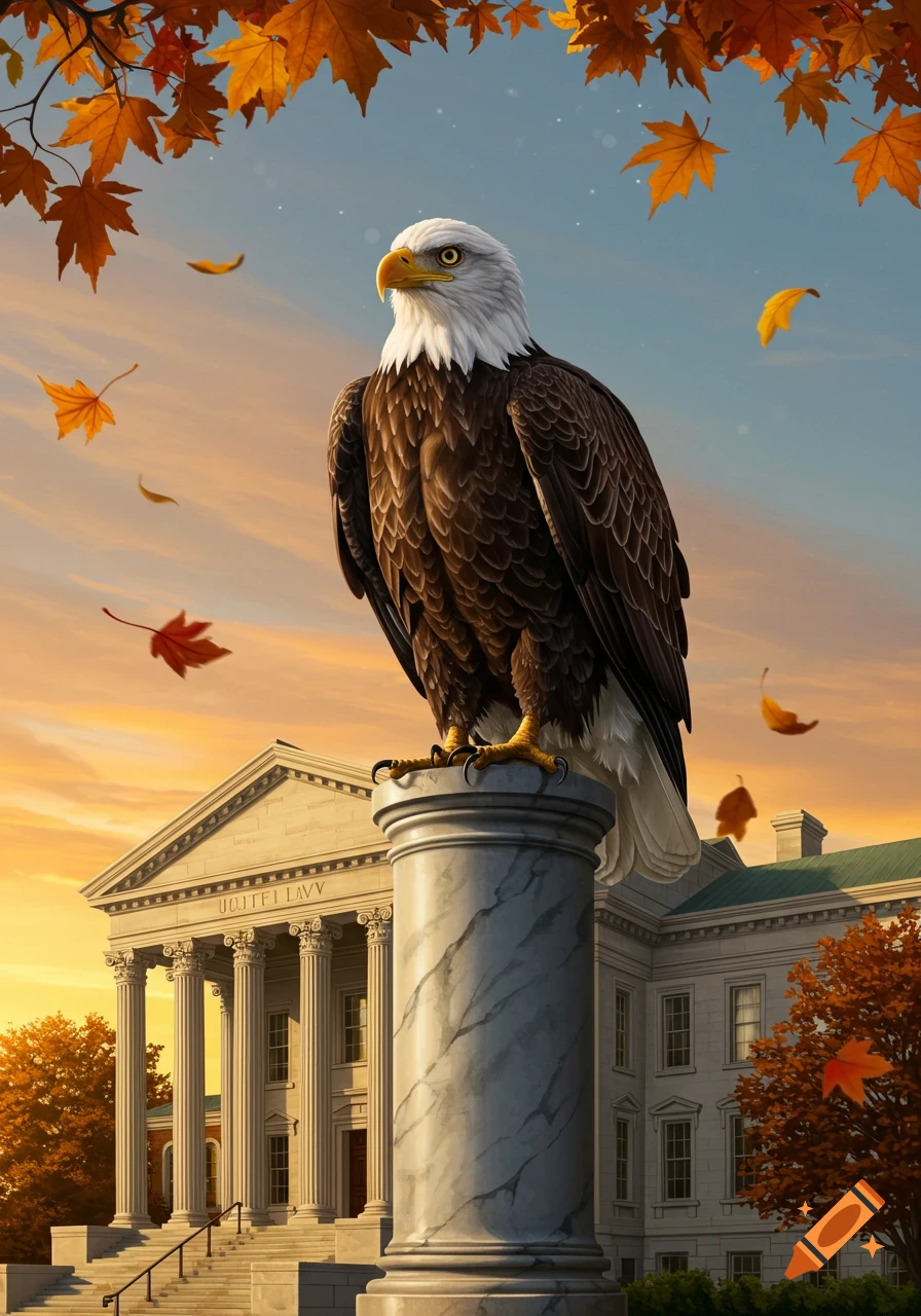 A majestic bald eagle perches atop a marble column in front of a grand classical building with autumn leaves falling around it at sunset.