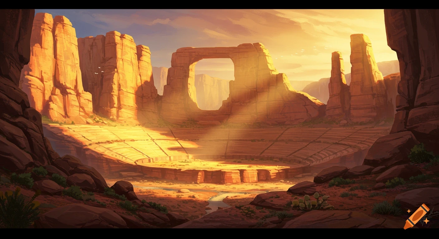 Digital painting of a vast rocky canyon forming a natural amphitheater, bathed in warm sunset light.