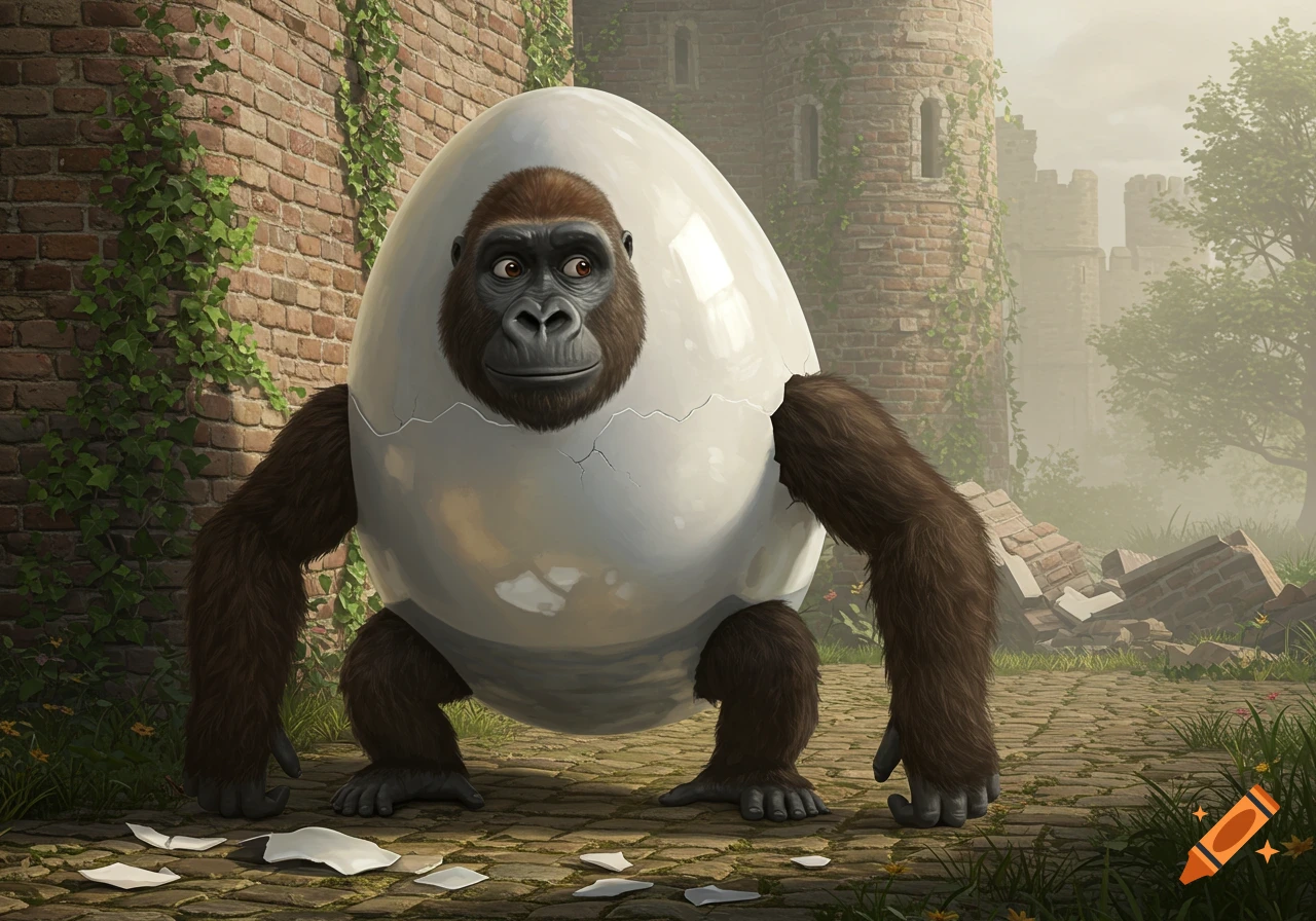 A gorilla hatches from a large white egg, standing on a cobblestone path next to a brick wall with ivy and a distant castle.