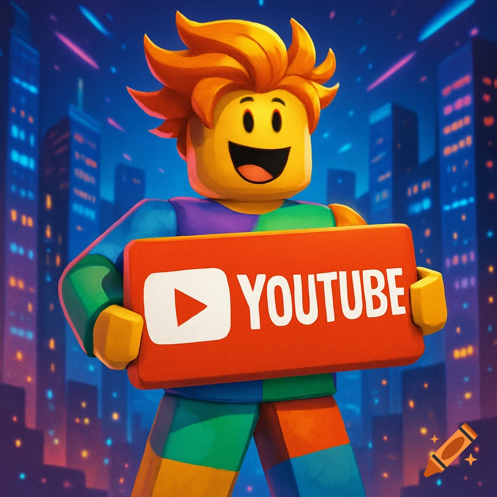 A Roblox-style character with orange spiky hair and colorful clothes holds a red YouTube sign in a neon city at night.
