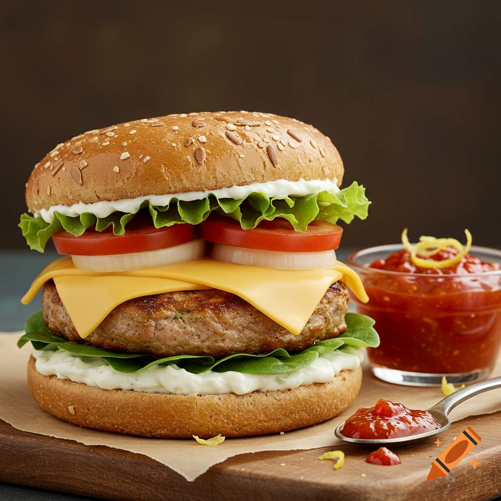 A grilled chicken burger with cheese, lettuce, tomato, and onion on a wholegrain bun, served with chili sauce on a wooden board.