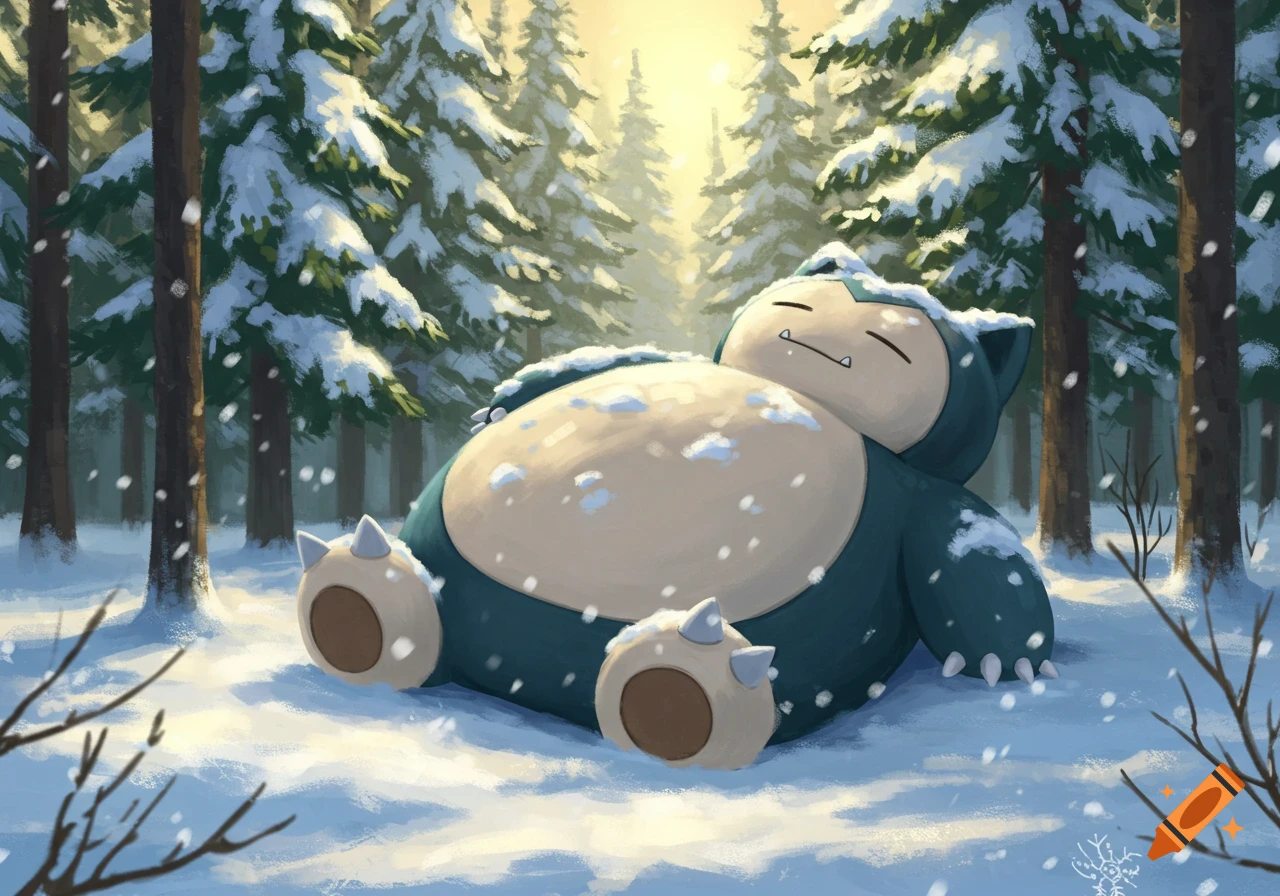 A large, blue and beige Snorlax sleeps peacefully in a snowy forest as snow falls.