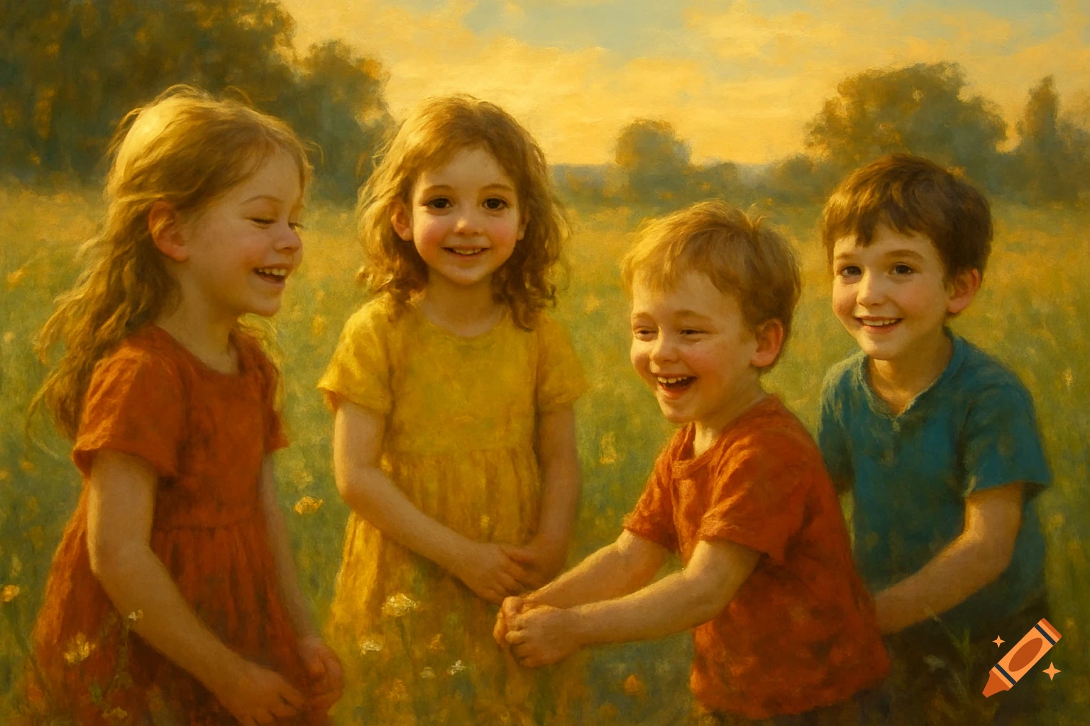 Four happy children playing in a sunny, painterly field.