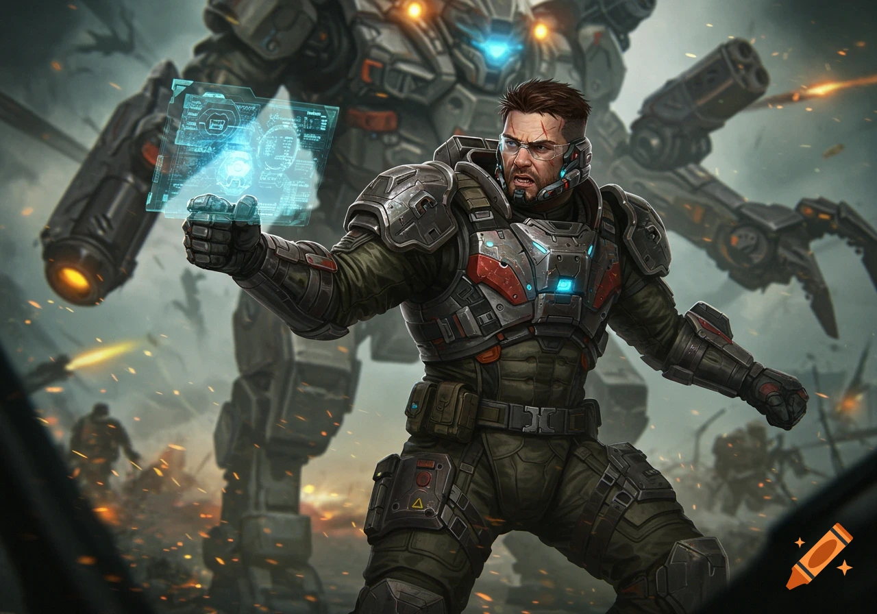 A sci-fi soldier in power armor holds a glowing holographic display with a large armored mech behind him in a battle scene.