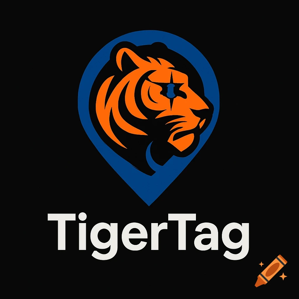 A minimalist logo for TigerTag, featuring an orange tiger head within a blue location pin above the white text "TigerTag" on a black background.