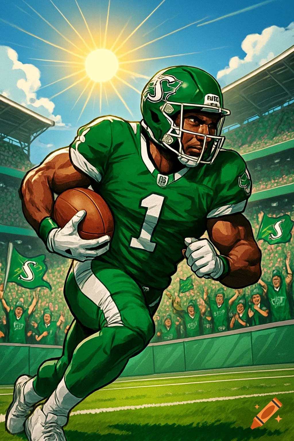A stylized illustration of a muscular football player in a green uniform and helmet, running with the ball on a sunny day in a stadium with cheering fans.